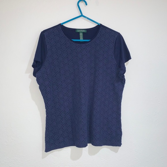 Ralph Lauren navy blue cut out Eyelet short sleeve tee crew neck t shirt. Top xl - Picture 1 of 7